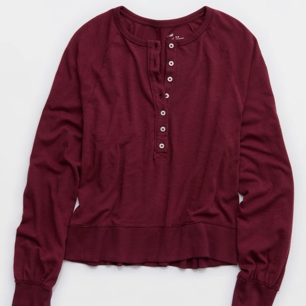 AERIE Burgundy Red Henley Long Sleeve
